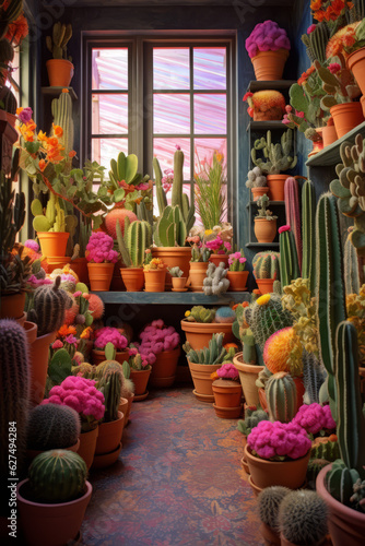 Many cacti in pots in the interior of a house