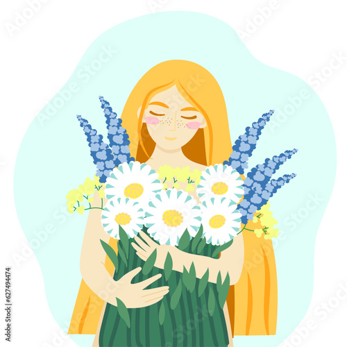 girl with a bouquet of flowers. mental health, happiness, harmony, natural, beauty.
 International Women's Day