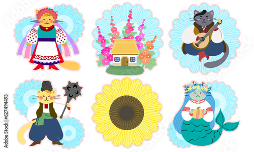 set of cute cats in the style of Ukrainian fairy tales. Ukrainian folk. Independence day
