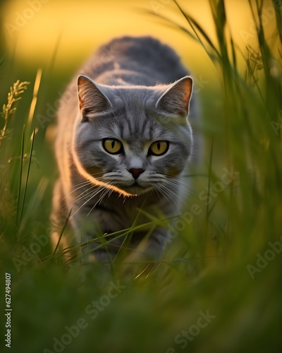 Stalking british shorthair cat in high grass, Generative ai