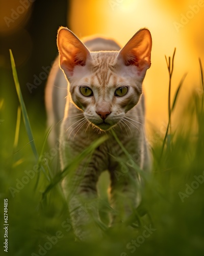 Stalking devon rex cat in high grass, Generative ai