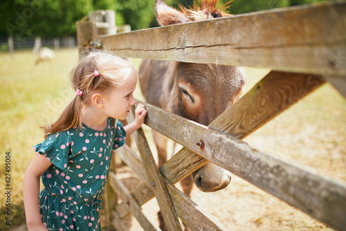 Φωτογραφία Adorable preschooler girl playing with donkey at farm