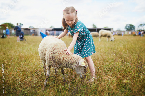 Adorable preschooler girl playing with sheep at farm
