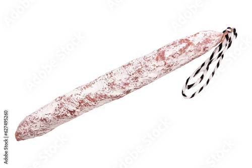 fuet sausage thin dry cured pork sausage with peculiar taste isolated on white background, with clipping path, top view