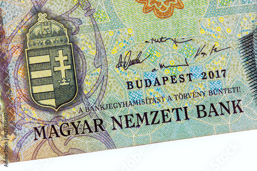 Presenting closeup shot of 20,000 forint HUF cash banknote, which serves as legal tender in Hungary.