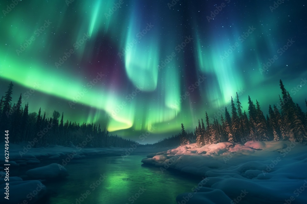 Northern Lights on the night sky. Aurora Borealis. AI generated, human enhanced