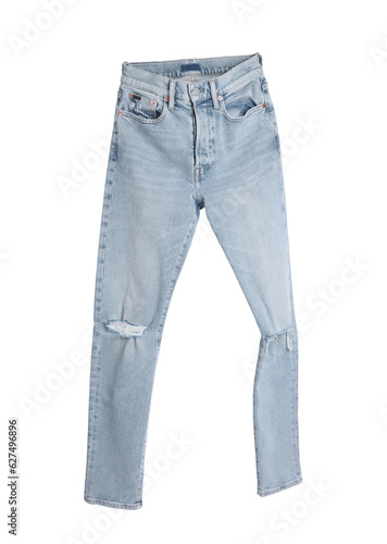 Stylish light blue jeans isolated on white