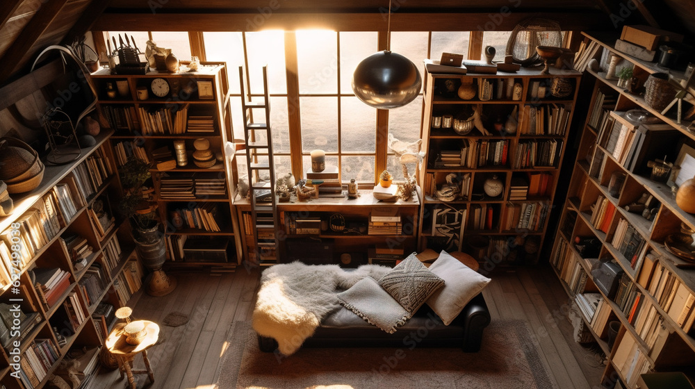 a bookcase with an open shelf in the middle of a large room - Generative AI a bookcase with an open shelf in the middle of a large room - Generative AI