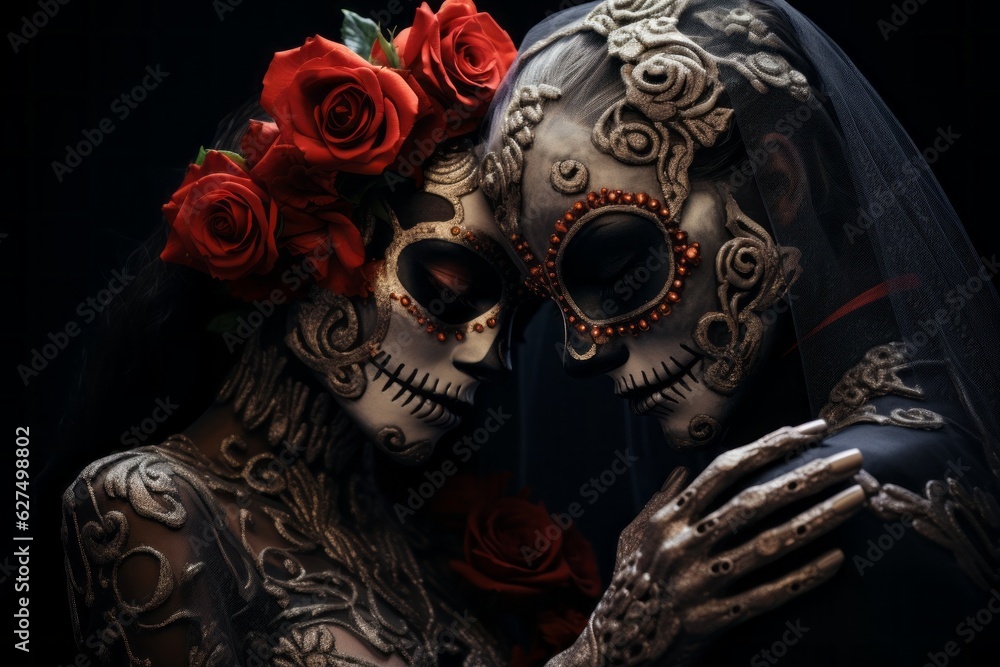 Zombie skeleton women, lgbt love. Halloween concept. Background with selective focus and copy space