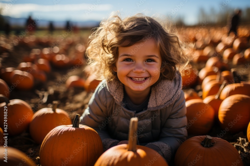 A child in a field with pumpkins. Halloween concept. Background with selective focus and copy space A child in a field with pumpkins. Halloween concept. Background with selective focus and copy space