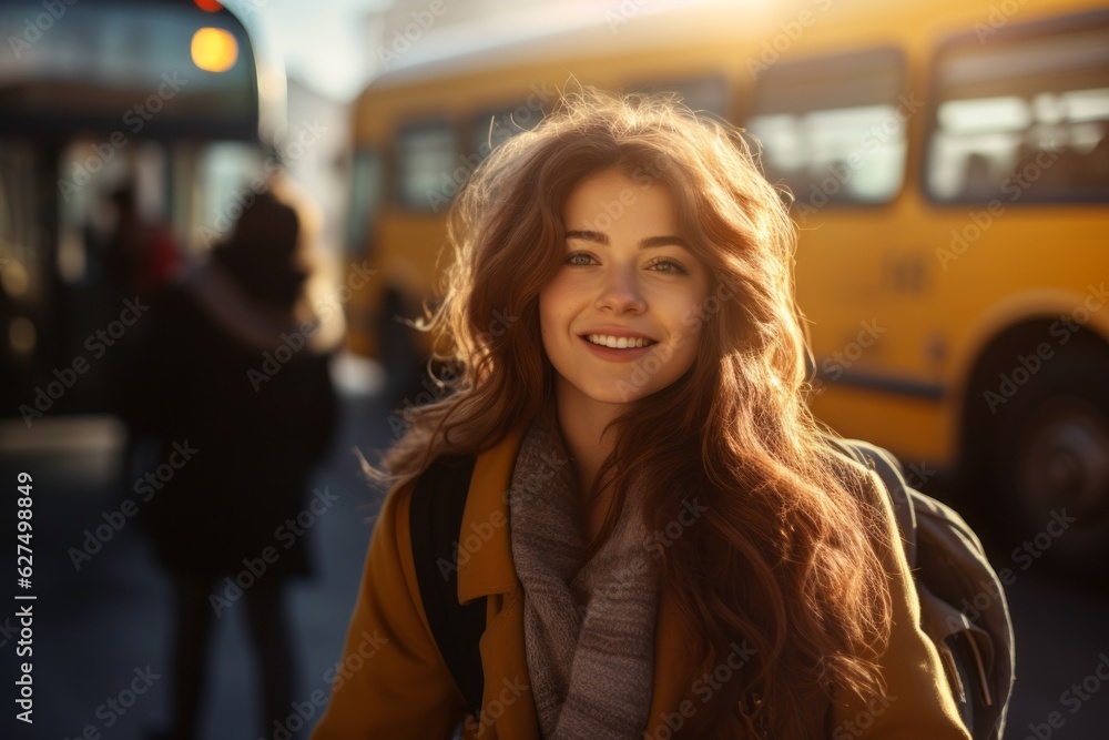 High school student female on a blurred background of the bus. Back To School concept. Background with selective focus High school student female on a blurred background of the bus. Back To School concept. Background with selective focus