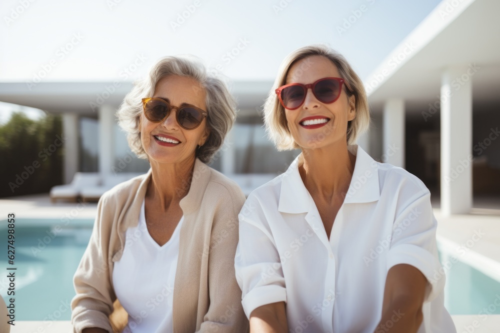 Two happy women spend time together on vacation. Portrait with selective focus Two happy women spend time together on vacation. Portrait with selective focus