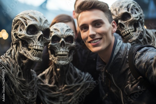 A young man takes a selfie with zombie skeletons. Halloween concept. Background with selective focus and copy space © top images