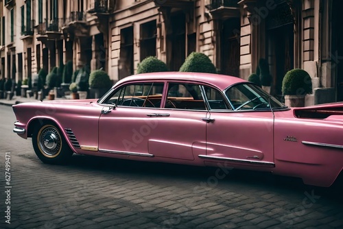 "A vibrant pink vintage automobile gleams under the streetlights, an icon of classic American design." © Nairobi 