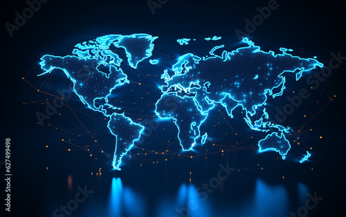 Digital world map hologram blue background