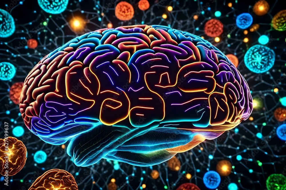 Depict a labyrinthine neural network illuminated by vibrant, pulsating colors. Depict a labyrinthine neural network illuminated by vibrant, pulsating colors.