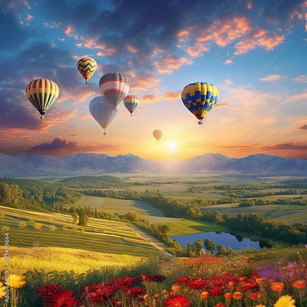 Fototapeta premium A group of hot air balloons hovering over beautiful landscape