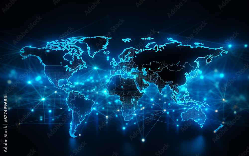 Digital world map hologram blue background Digital world map hologram blue background