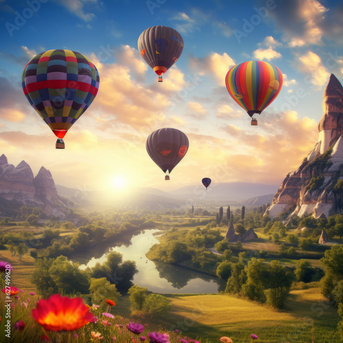 A group of hot air balloons hovering over beautiful landscape