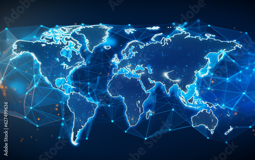 Digital world map hologram blue background