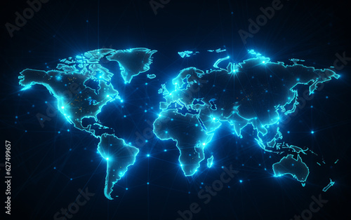 Digital world map hologram blue background