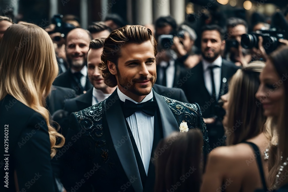 A fictional male movie star at an awards ceremony with paparazzi surrounding him. A fictional male movie star at an awards ceremony with paparazzi surrounding him.
