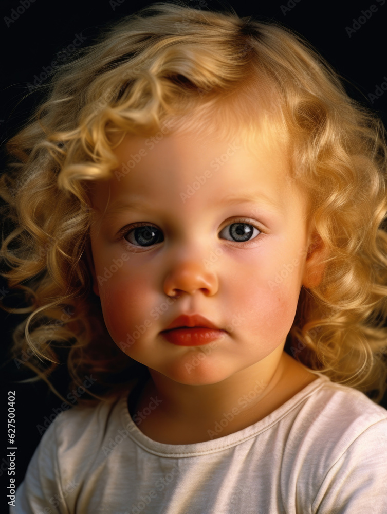 A chubbycheeked toddler with ling eyes looks inquisitively up at the camera her blonde curls bouncing around her face A chubbycheeked toddler with ling eyes looks inquisitively up at the camera her blonde curls bouncing around her face
