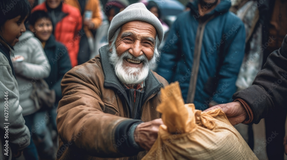 An elderly gentleman exudes generosity his outstretched hands holding a bag of warmly given goods to those less fortunate. His infectious .