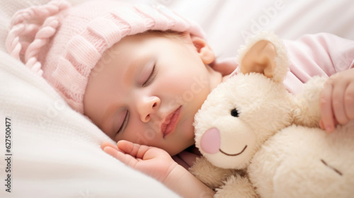 A sleeping baby peacefully nestled ast soft cream blankets snuggling a pink plush toy