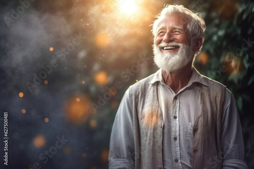 A charismatic elderly man looks off in the distance his knowledge eyes ling in the bright light of the sun. He smiles slightly his . photo