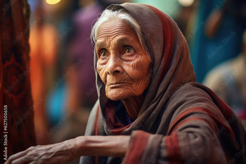 A wise elderly woman takes a moment to pause and observe the busy world around her. Her warm patient eyes look out at the bustling .