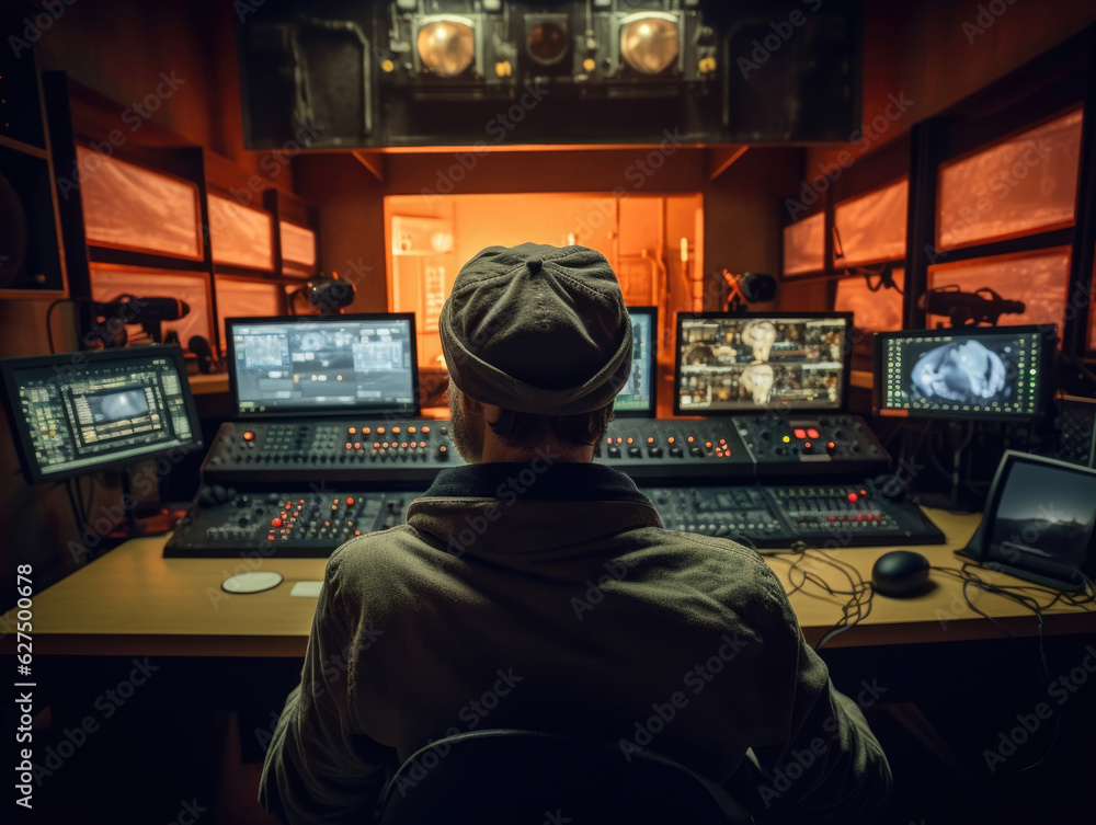 A camera gazes at a director inside the editing room. His hands exeing the controls to craft the perfect scenes and bring his vision .