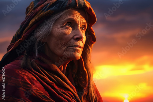 An aged crone overlooks a brilliant sunset her knowing gaze full of accumulated experiences