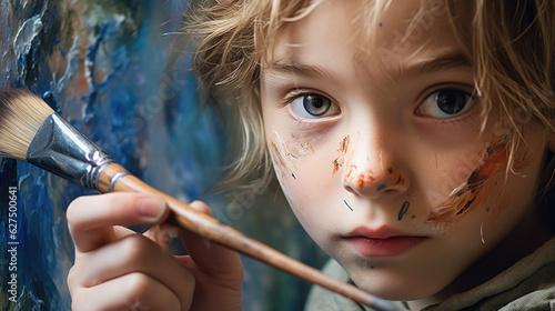 A young artist confidently handling a paintbrush eyes full of determination and an expression of creative inspiration