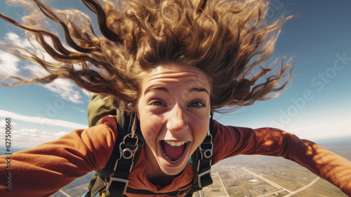 A courageous kid skydives from a plane wind rushing through her hair and a look of joy etched on her face as she takes on the adventure .