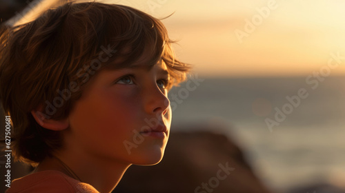 A young boy surveys the ocean from a bluff his small frame illuminated by the setting sun. His eyes have a piercing clarity as if .