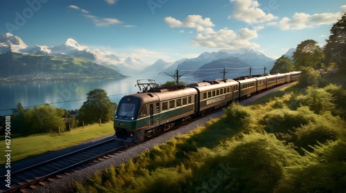 Switzerland train, surrounded by plants, under sky with clouds.