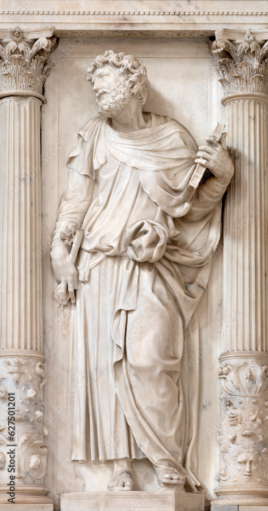 NAPLES, ITALY - APRIL 21, 2023: The marble statue of St. Peter the Apostle in the church Chiesa di Sant'Anna dei Lombardi by Girolamo Santacroce (1524).

