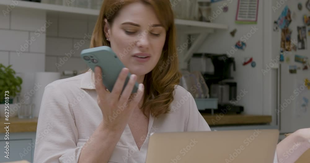 Female Talking on Phone in Kitchen, Working at Home Female Talking on Phone in Kitchen, Working at Home