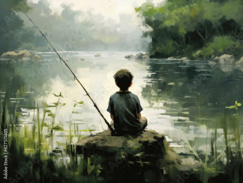 A young boy sits beside a lake line in hand - fishing with a stick His resourceful mind created the simple yet effective fishing rod .