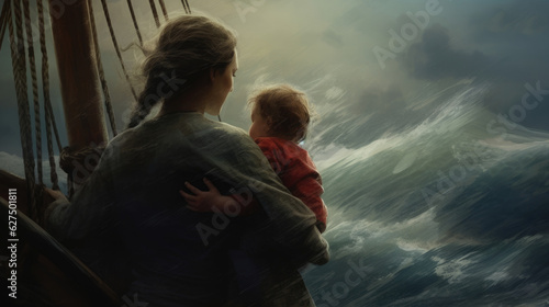 A mother holds her child close as her family sails away from their orn homeland. Despite the turbulent waves crashing against their .