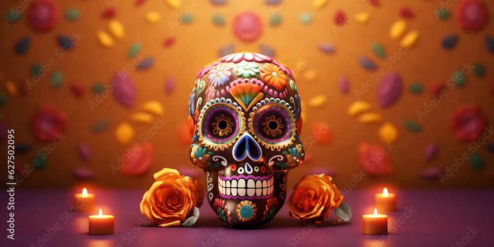 Flowers and sugar skull and candles, decorations for day of the dead Flowers and sugar skull and candles, decorations for day of the dead