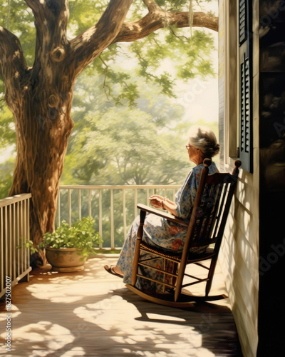 A sundappled porch serves as the backdrop as an elderly woman gazes pensively into the distance her decades of collected experience .
