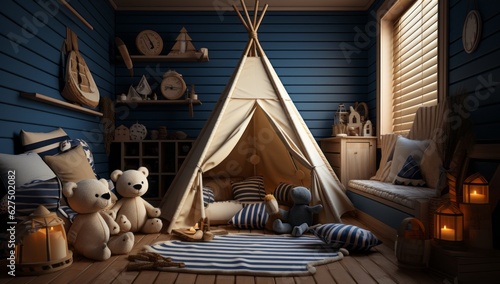 child bedroom with play area,table,pillow,toys,teepee tent blue wall