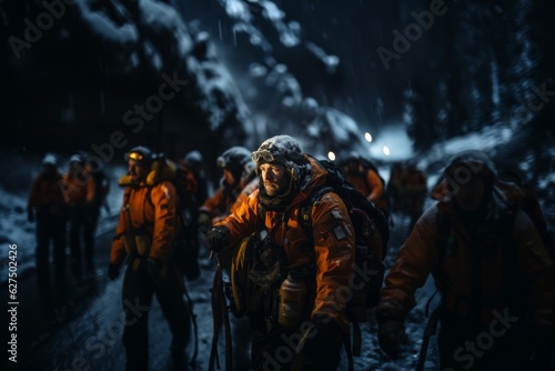 Rescue worker using advanced winter gear, including crampons and ice axes, to navigate icy terrain during a rescue operation. Generative Ai