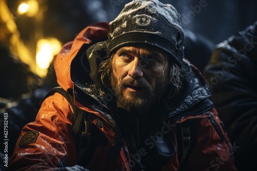 Rescue worker providing first aid to an injured hiker in a snowy mountain setting, emphasizing the vital role of trained professionals in challenging winter environments. Generative AI