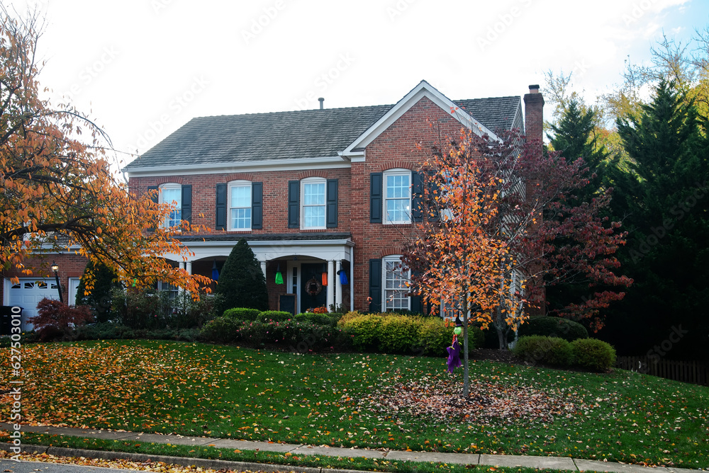 Brick country house for one family. Autumn landscape. Brick country house for one family. Autumn landscape.