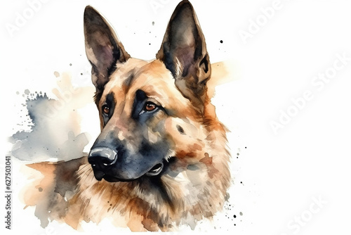 Watercolor illustration of german shepherd portrait with drops and splashes of watercolor paint on white background , generative AI
