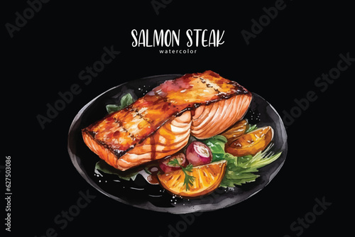 watercolor grilled salmon steak with vegetables