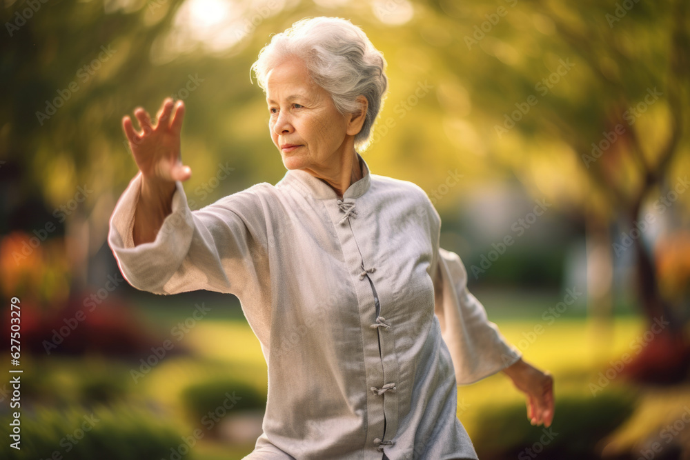 A senior woman practicing tai chi in a serene garden, embodying balance, inner peace, and the benefits of mindful movement. Generative AI A senior woman practicing tai chi in a serene garden, embodying balance, inner peace, and the benefits of mindful movement. Generative AI